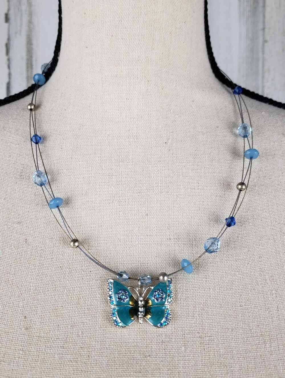 Vintage Vicky Jousan Blue Butterfly Pendant Necklace